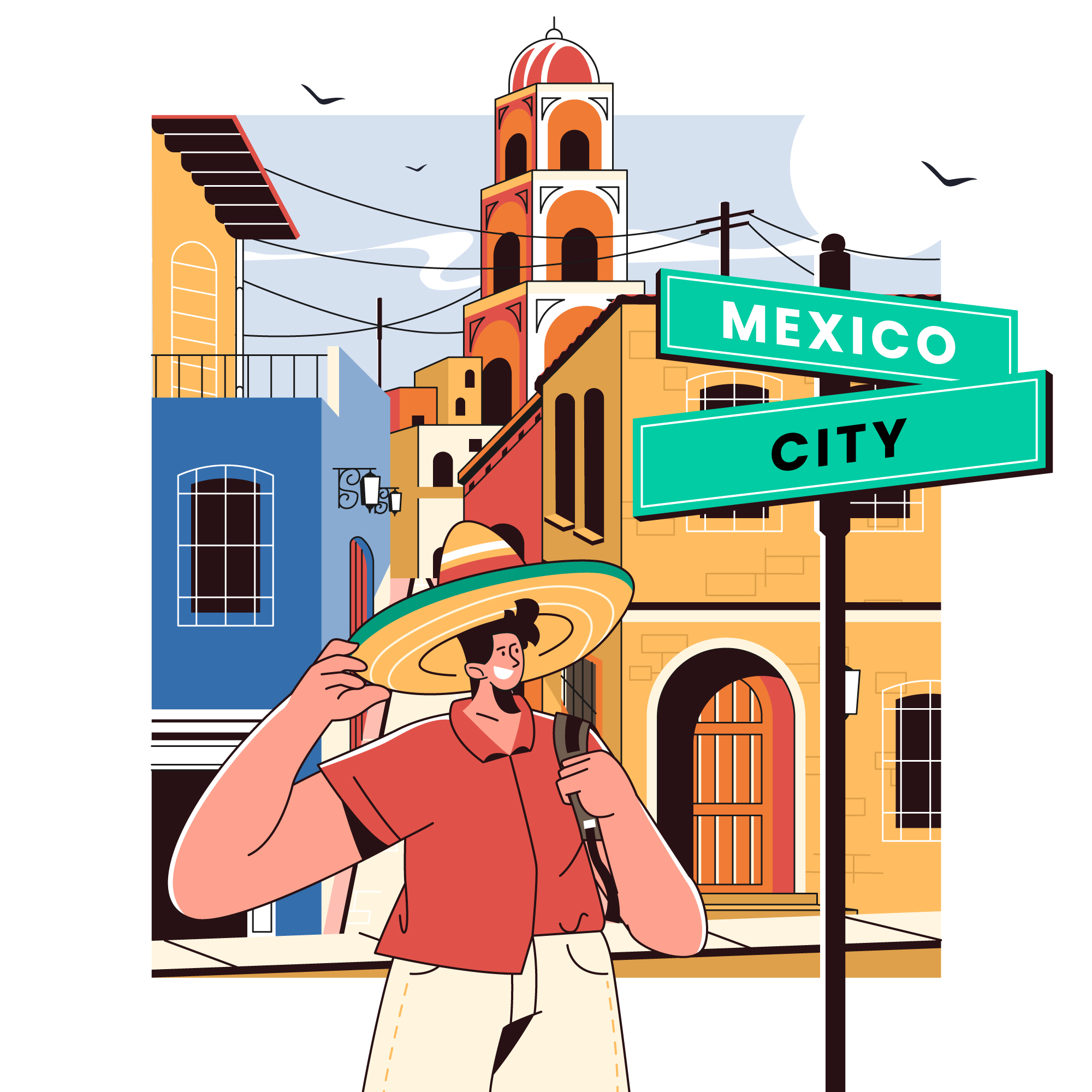 Ilustración de un viajero con sombrero frente a la arquitectura de la Ciudad de México